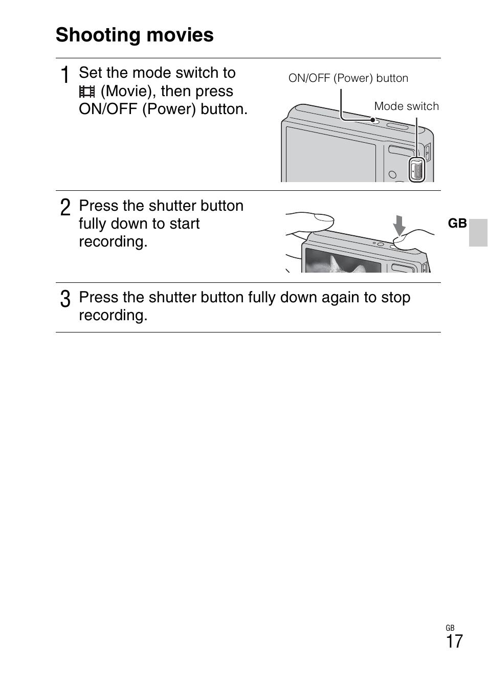 Shooting movies | Sony DSC-S2100 User Manual | Page 17 / 52