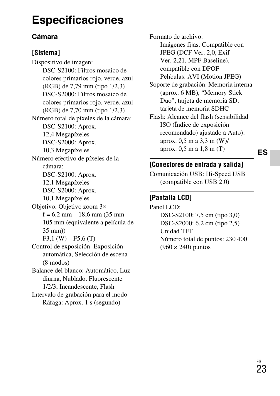 Especificaciones | Sony DSC-S2100 User Manual | Page 49 / 52