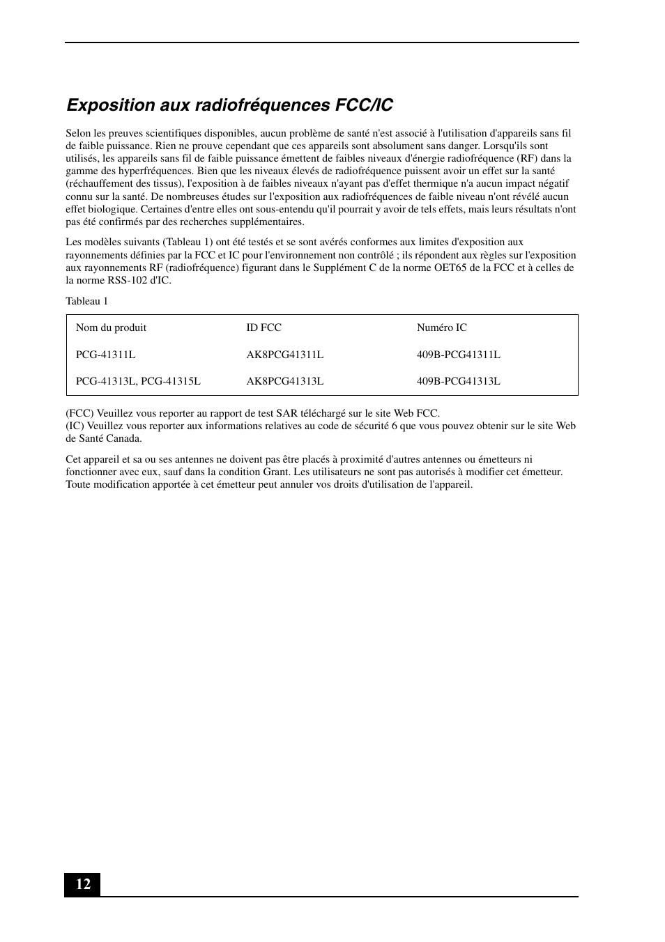 Exposition aux radiofréquences fcc/ic | Sony VPCZ21SHX User Manual | Page 12 / 36