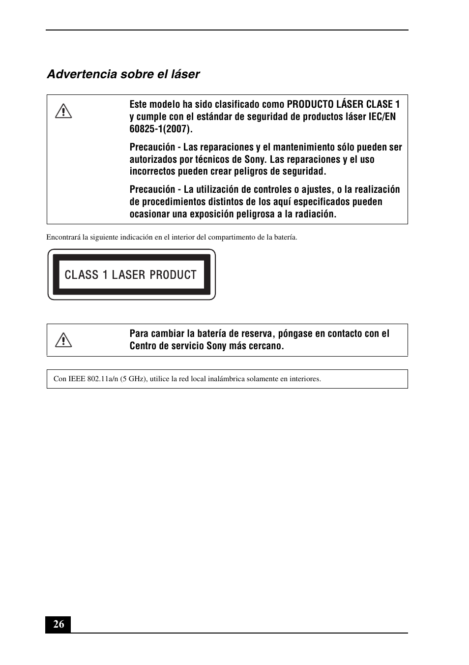 Advertencia sobre el láser | Sony VPCZ21SHX User Manual | Page 26 / 36