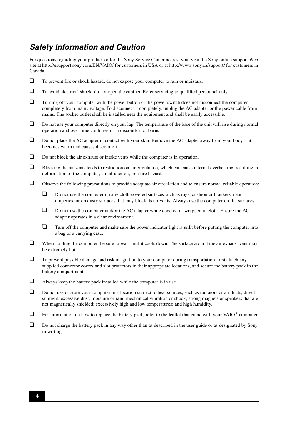 Safety information and caution | Sony VPCZ21SHX User Manual | Page 4 / 36