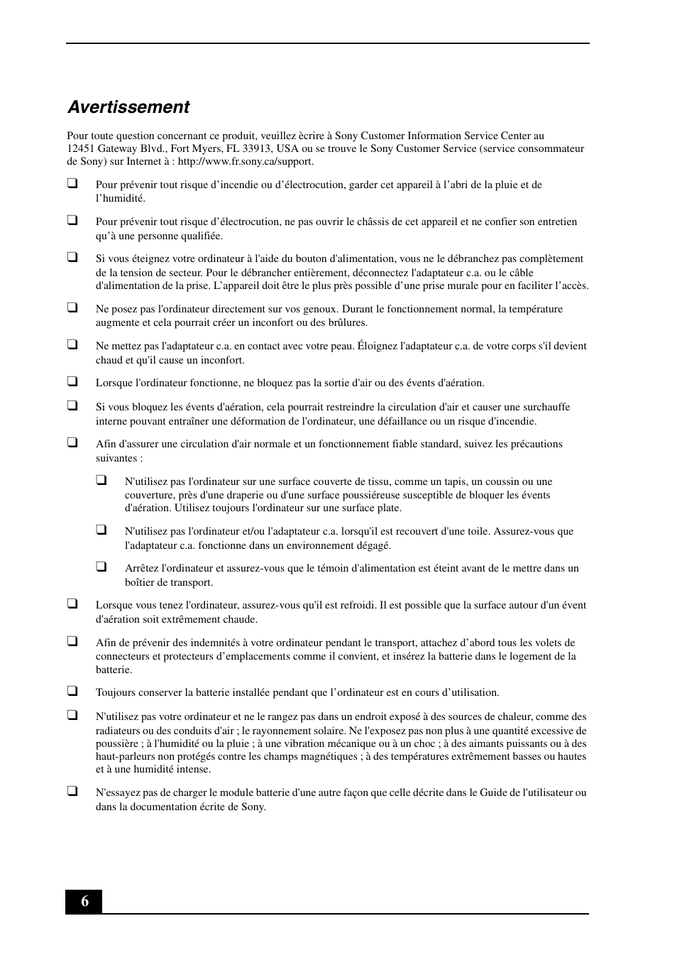 Avertissement | Sony VPCZ21SHX User Manual | Page 6 / 36