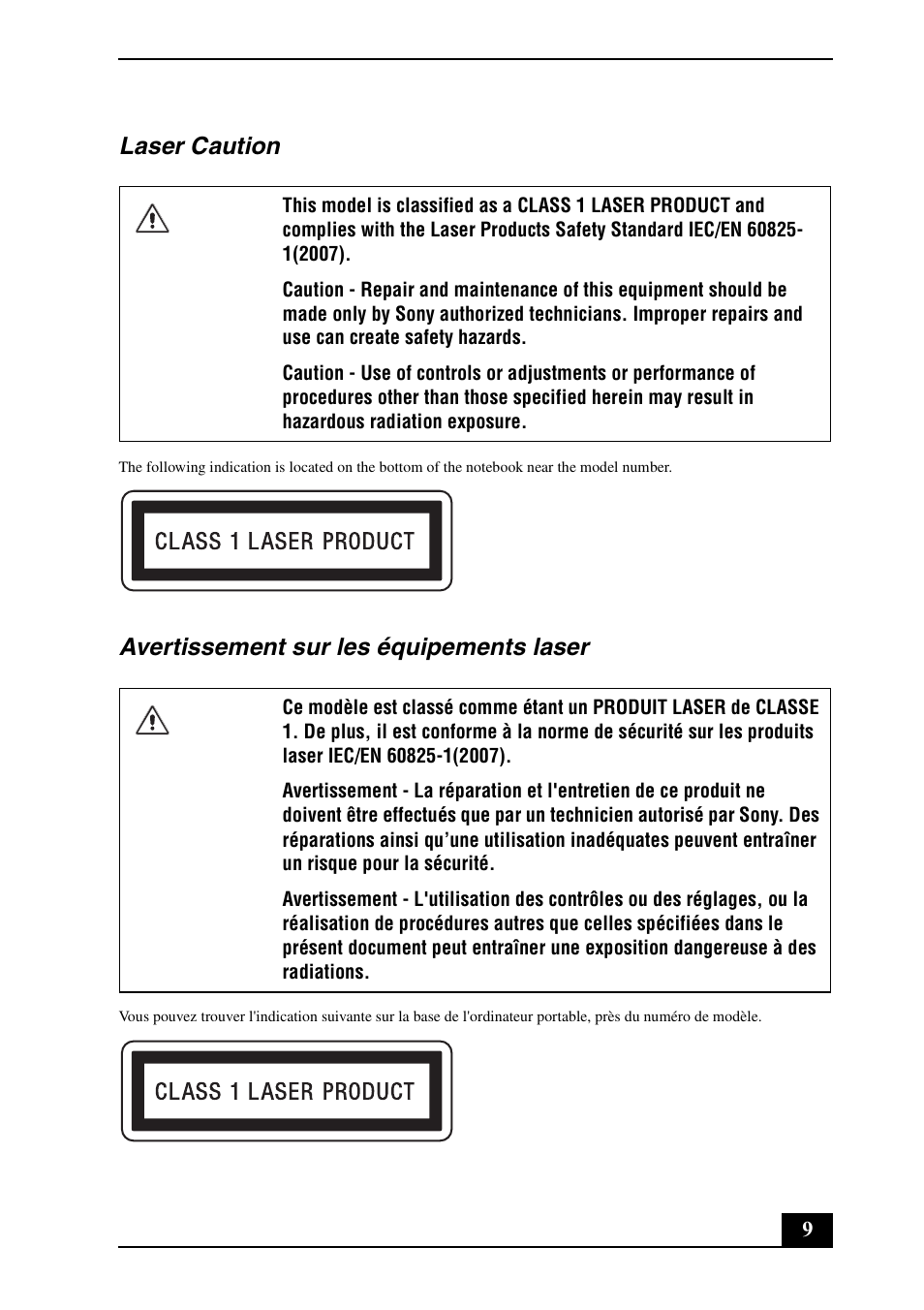 Laser caution, Avertissement sur les équipements laser | Sony VPCZ21SHX User Manual | Page 9 / 36