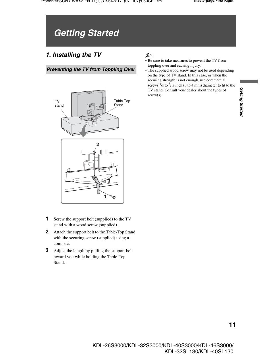 Getting started, Installing the tv, Preventing the tv from toppling over | Sony KDL-40SL130 User Manual | Page 11 / 48