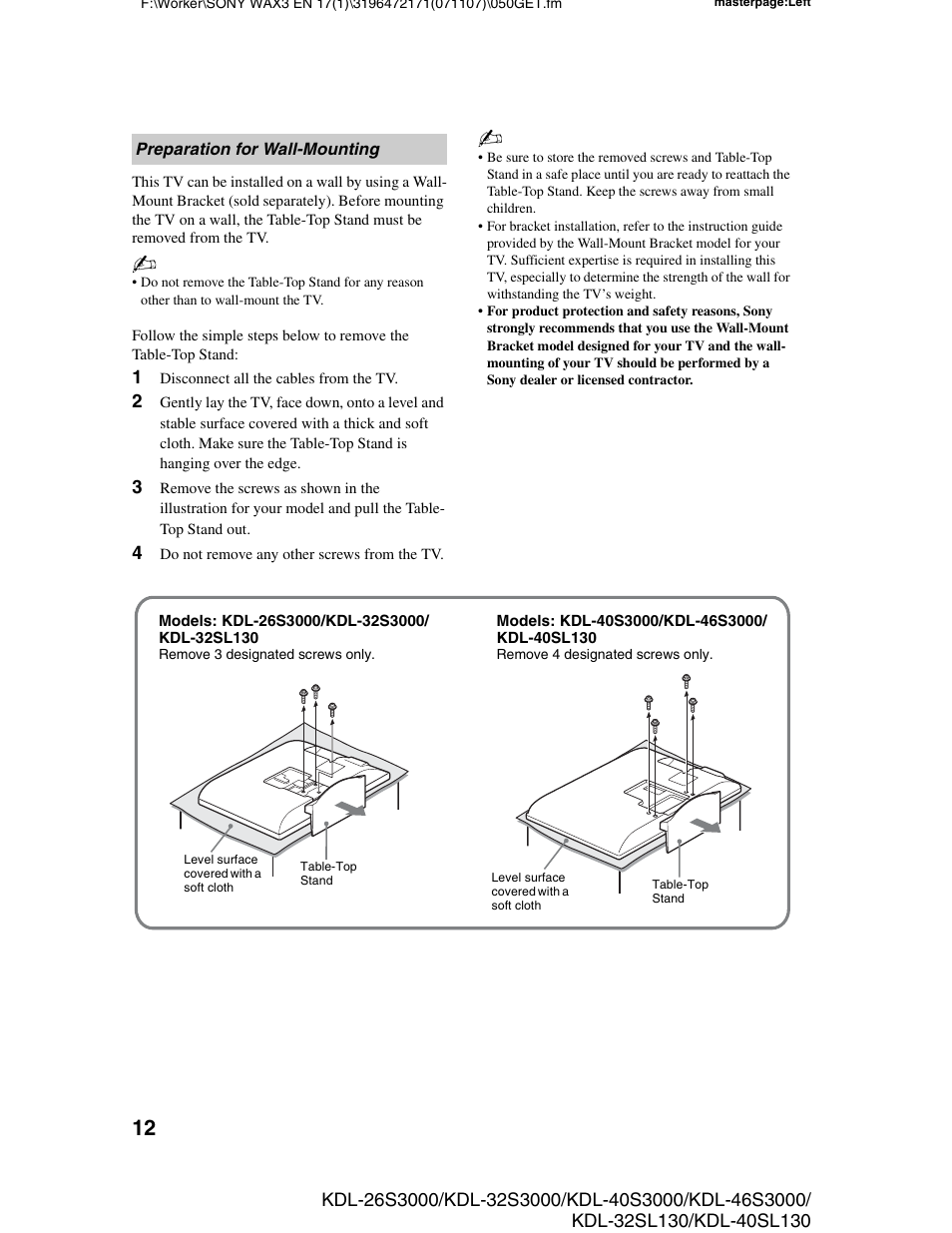 Preparation for wall-mounting | Sony KDL-40SL130 User Manual | Page 12 / 48