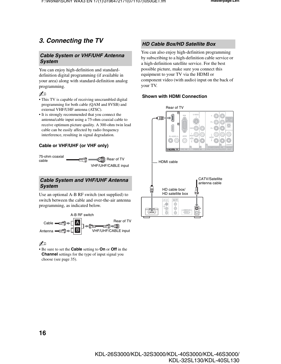 Connecting the tv, Cable system or vhf/uhf antenna system, Cable system and vhf/uhf antenna system | Hd cable box/hd satellite box, Cable system or vhf/uhf, Antenna system, Cable system and vhf/uhf, Shown with hdmi connection | Sony KDL-40SL130 User Manual | Page 16 / 48