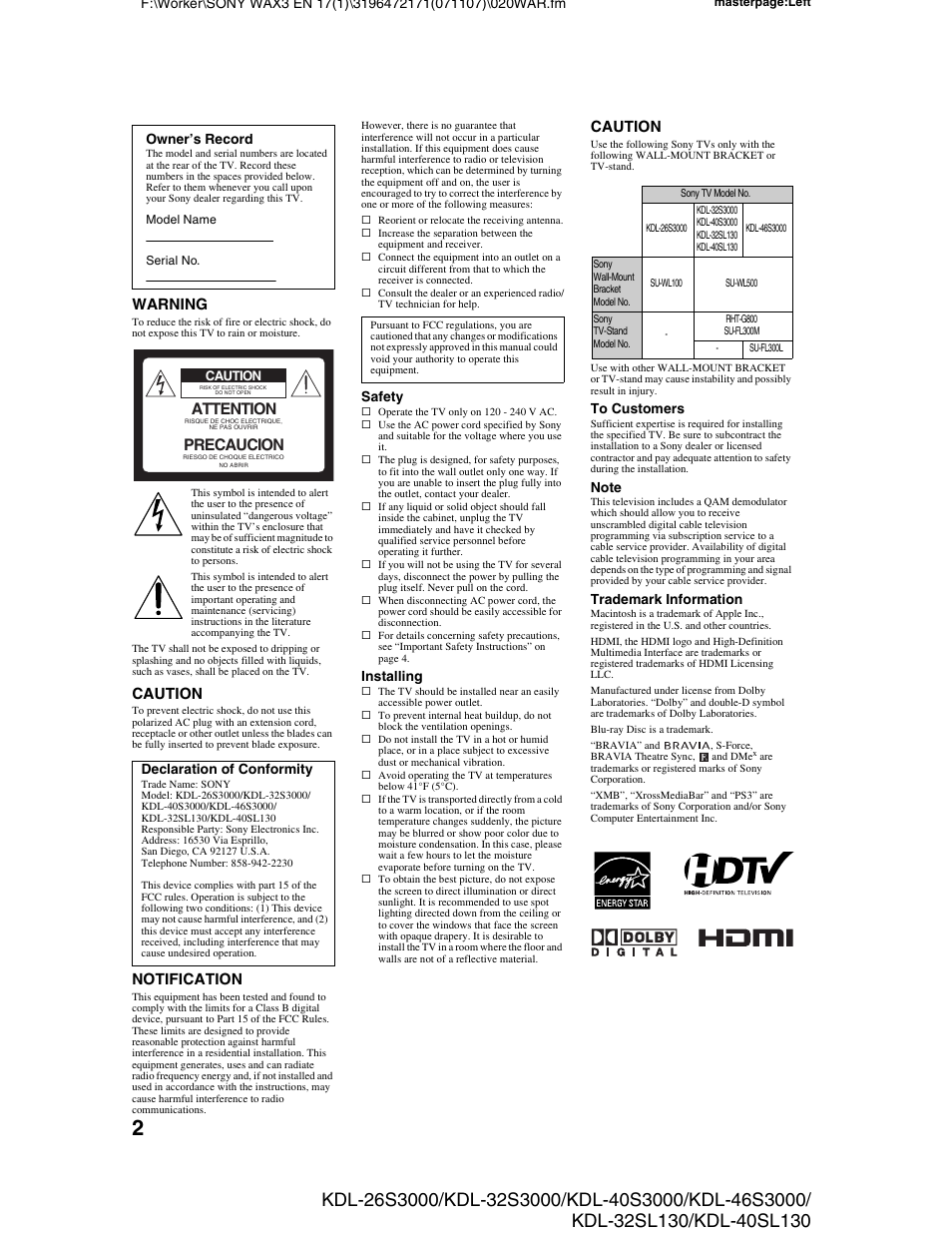 Attention, Precaucion, Warning | Caution, Notification | Sony KDL-40SL130 User Manual | Page 2 / 48