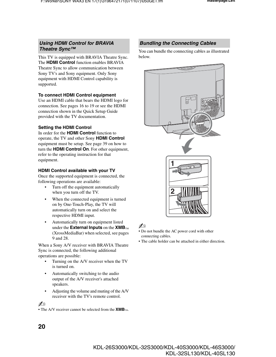 Using hdmi control for bravia theatre sync, Bundling the connecting cables, Using hdmi control for | Bravia theatre sync | Sony KDL-40SL130 User Manual | Page 20 / 48