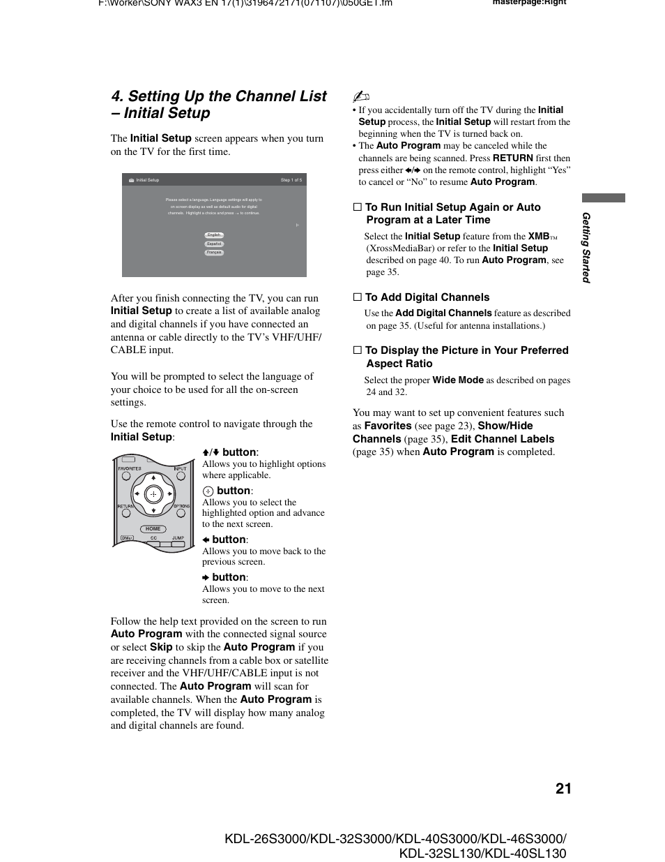 Setting up the channel list - initial setup, Setting up the channel list, Initial setup | Setting up the channel list – initial setup | Sony KDL-40SL130 User Manual | Page 21 / 48