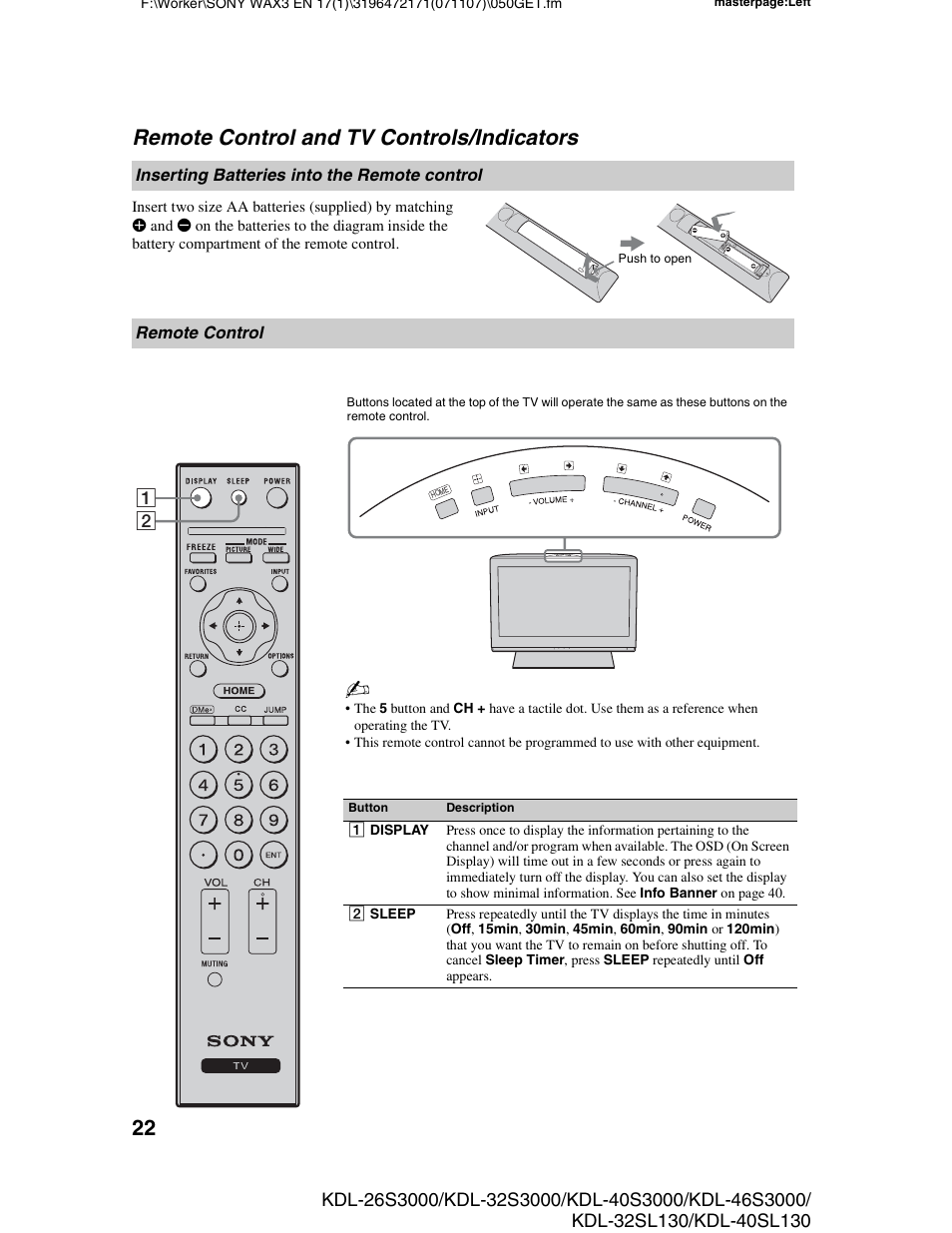 Remote control and tv controls/indicators, Inserting batteries into the remote control, Remote control | Remote control and tv, Controls/indicators, Inserting batteries into the remote, Control | Sony KDL-40SL130 User Manual | Page 22 / 48