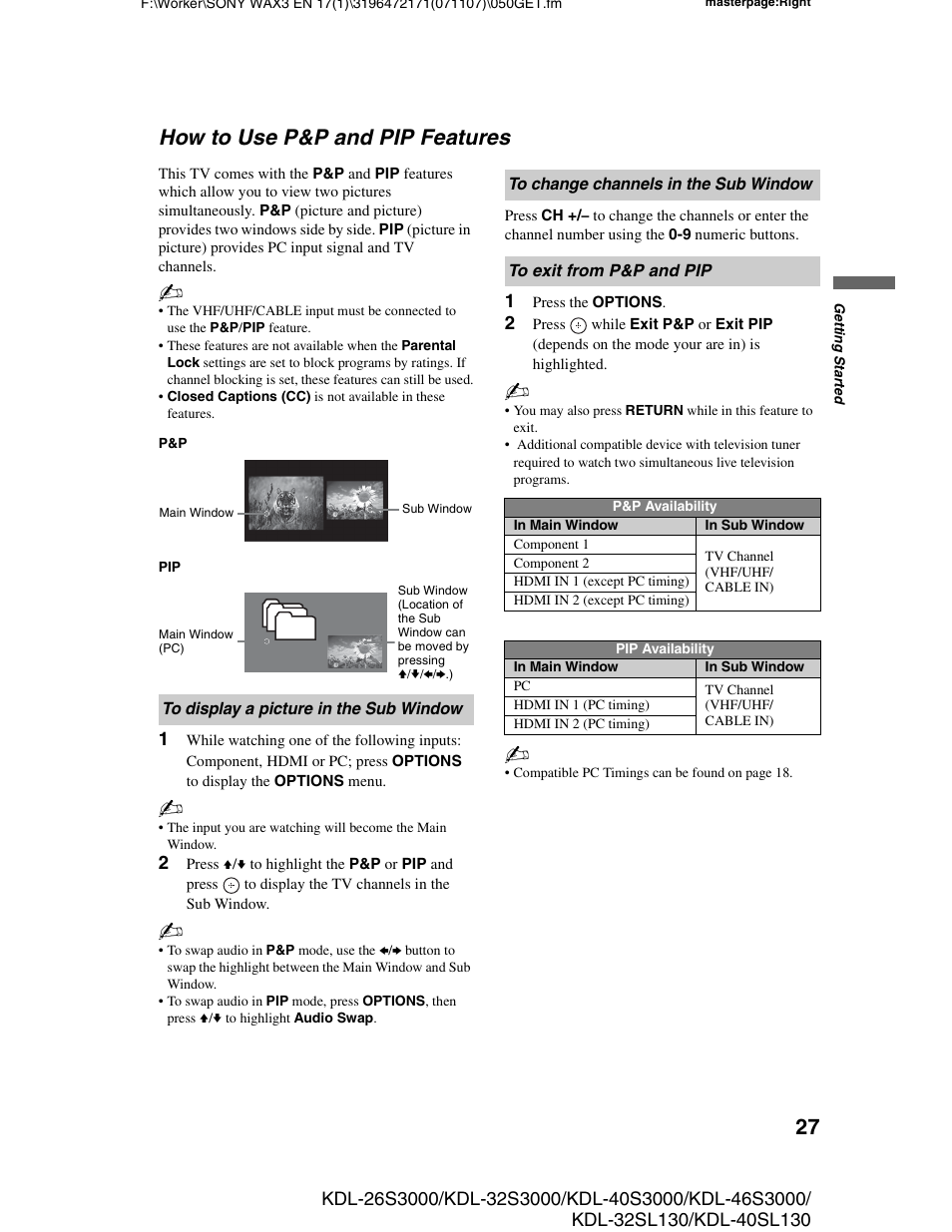 How to use p&p and pip features, To display a picture in the sub window, To change channels in the sub window | To exit from p&p and pip | Sony KDL-40SL130 User Manual | Page 27 / 48