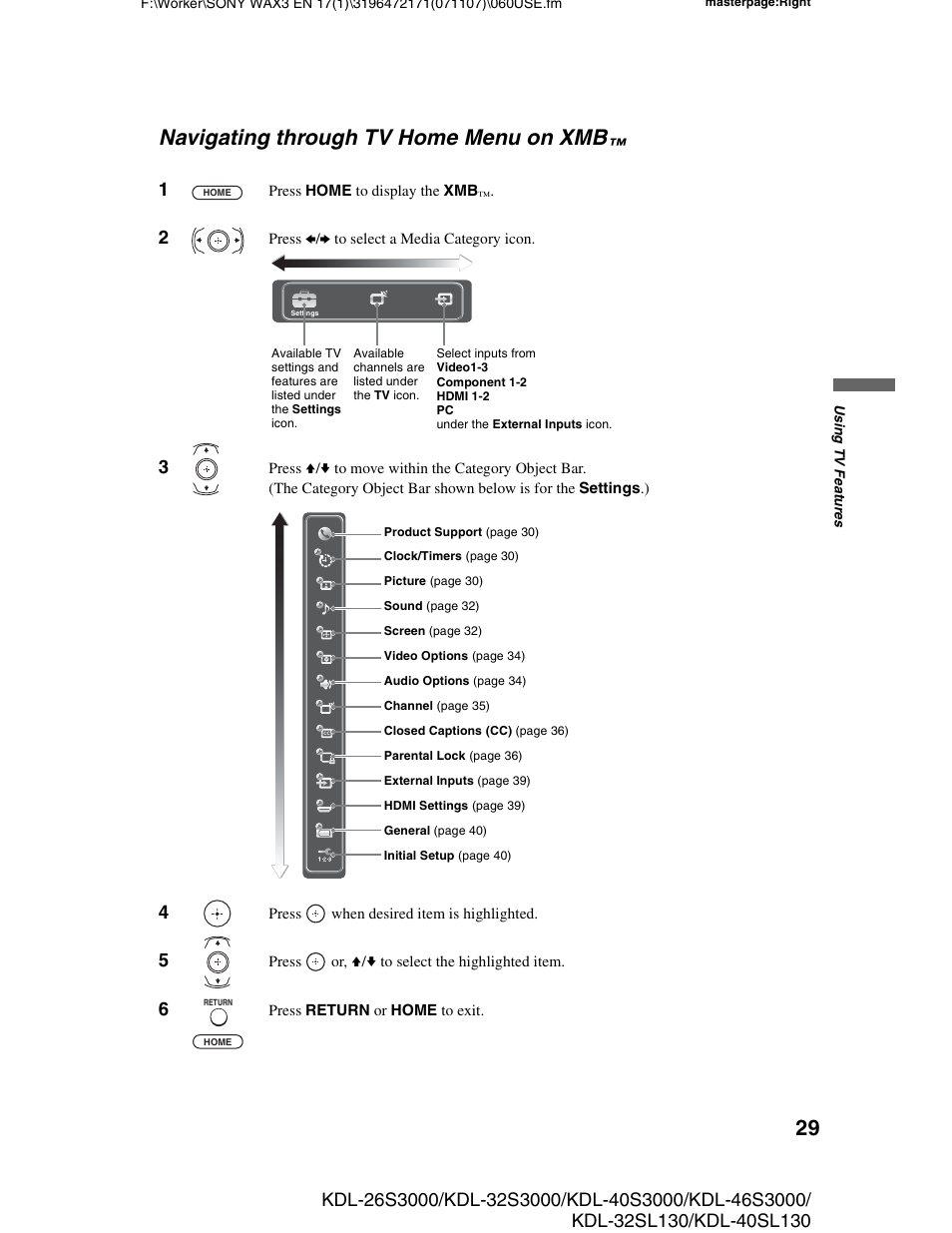 Navigating through tv home menu on xmb, Navigating through tv home menu on | Sony KDL-40SL130 User Manual | Page 29 / 48