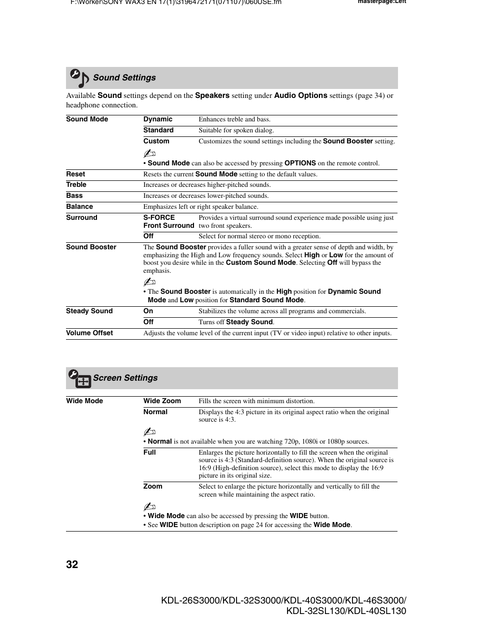 Sound settings, Screen settings, Sound settings screen settings | D 32 | Sony KDL-40SL130 User Manual | Page 32 / 48