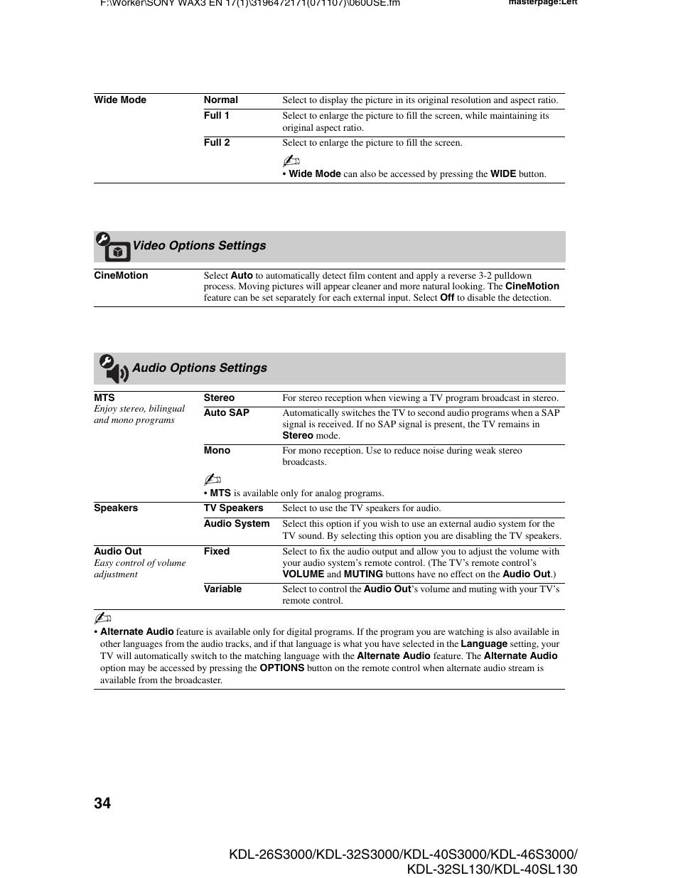 Video options settings, Audio options settings, Video options settings audio options settings | Nd 34 | Sony KDL-40SL130 User Manual | Page 34 / 48