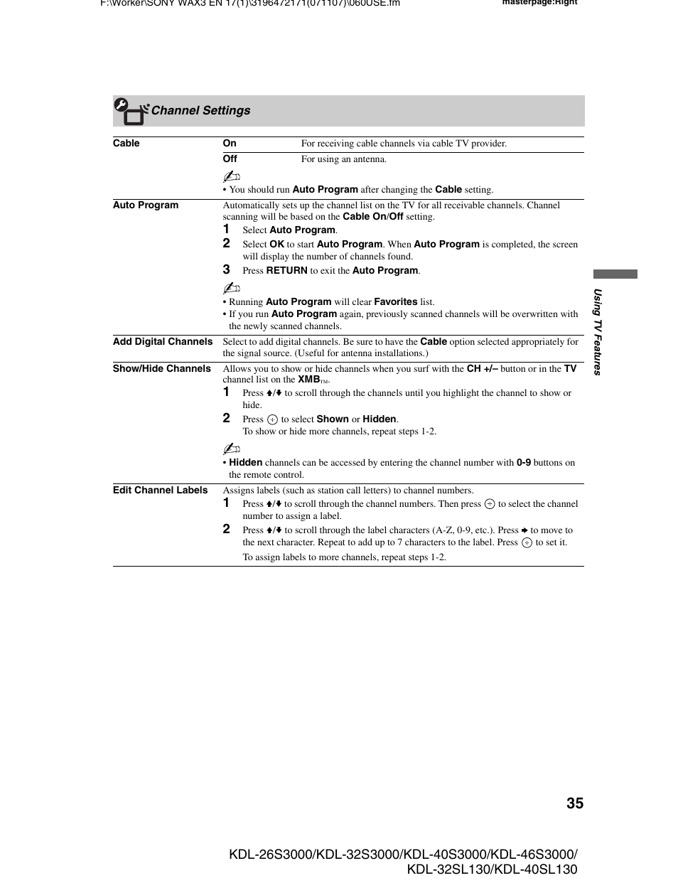 Channel settings | Sony KDL-40SL130 User Manual | Page 35 / 48