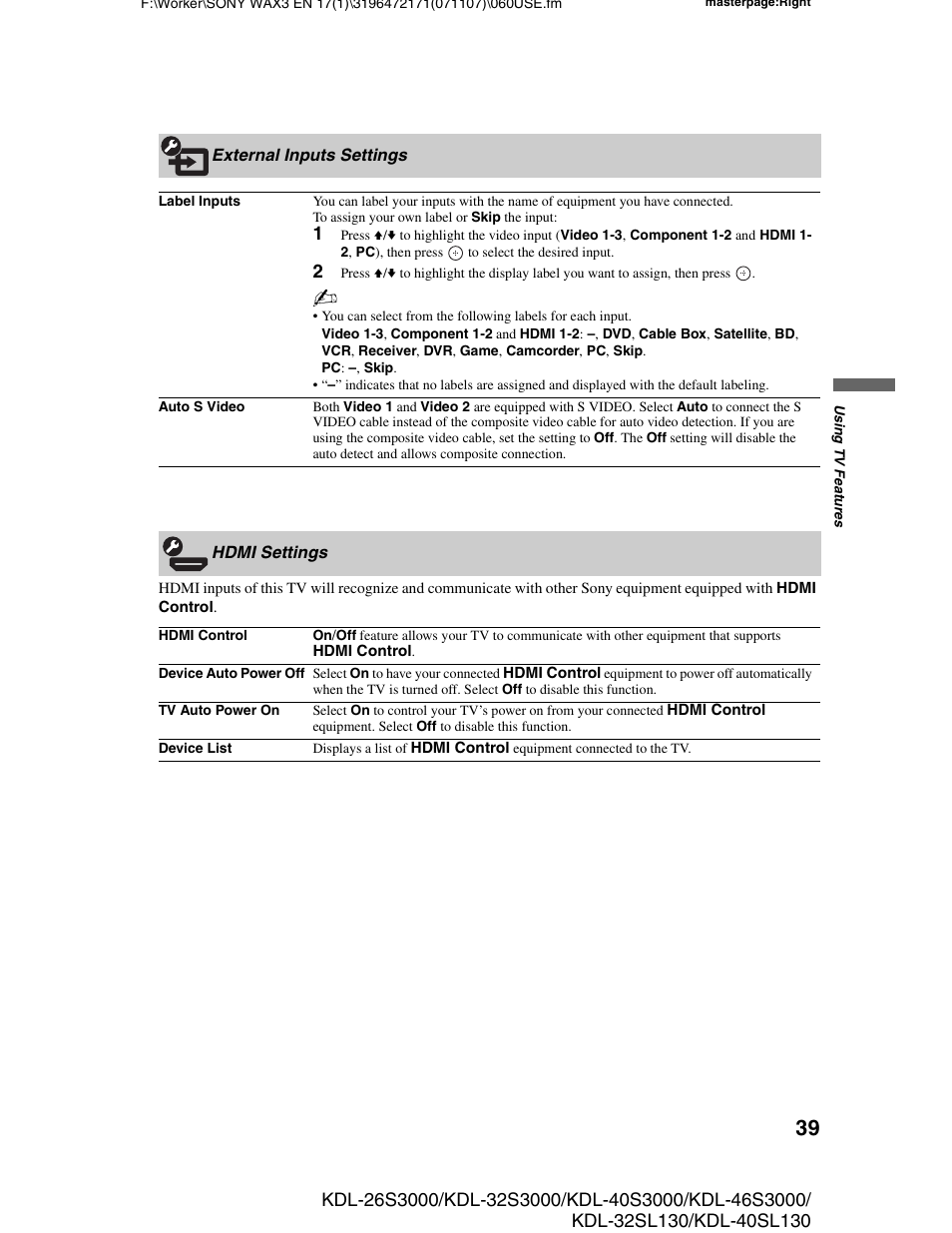 External inputs settings, Hdmi settings | Sony KDL-40SL130 User Manual | Page 39 / 48