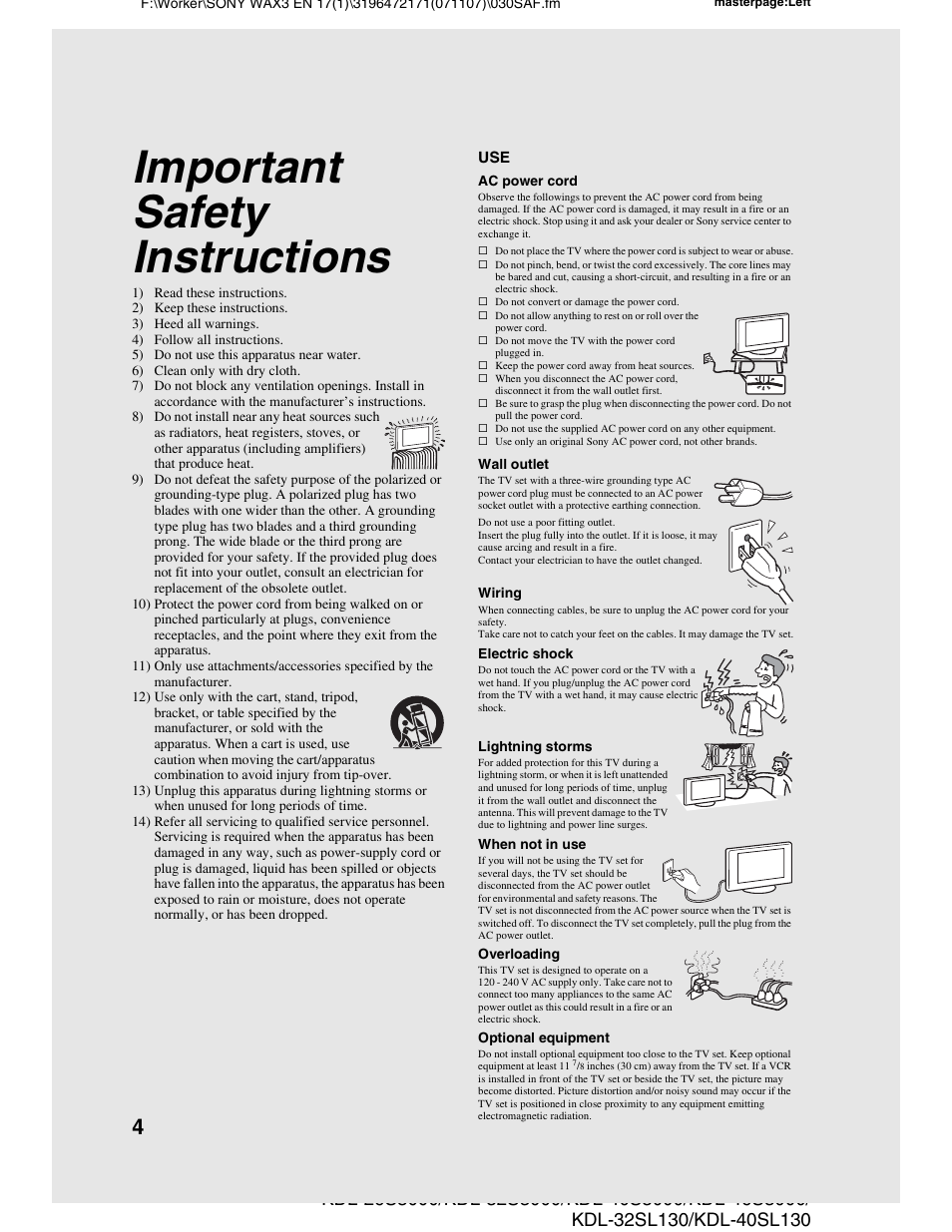 Important safety instructions | Sony KDL-40SL130 User Manual | Page 4 / 48