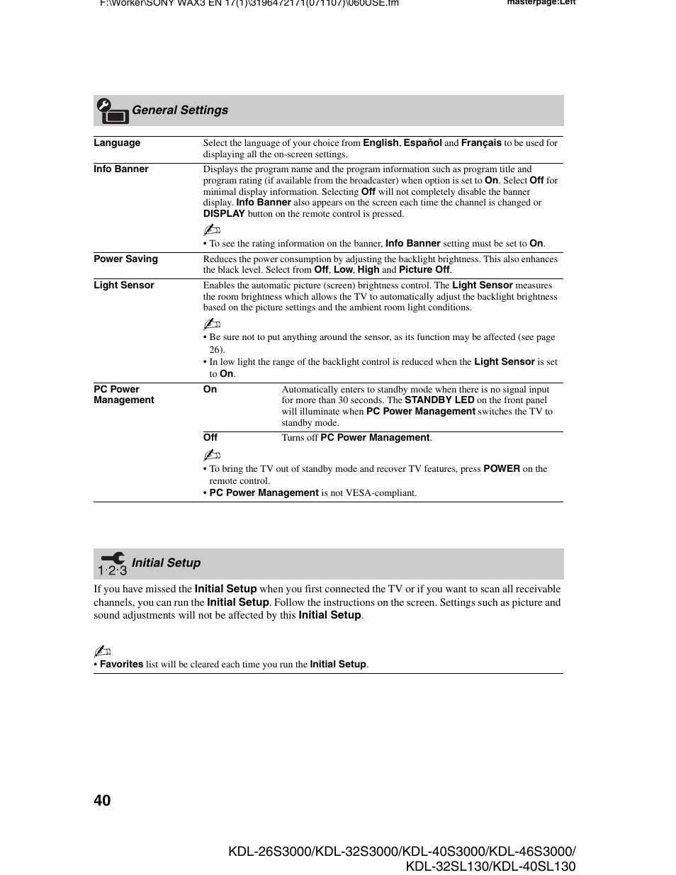 General settings, Initial setup, General settings initial setup | Sony KDL-40SL130 User Manual | Page 40 / 48