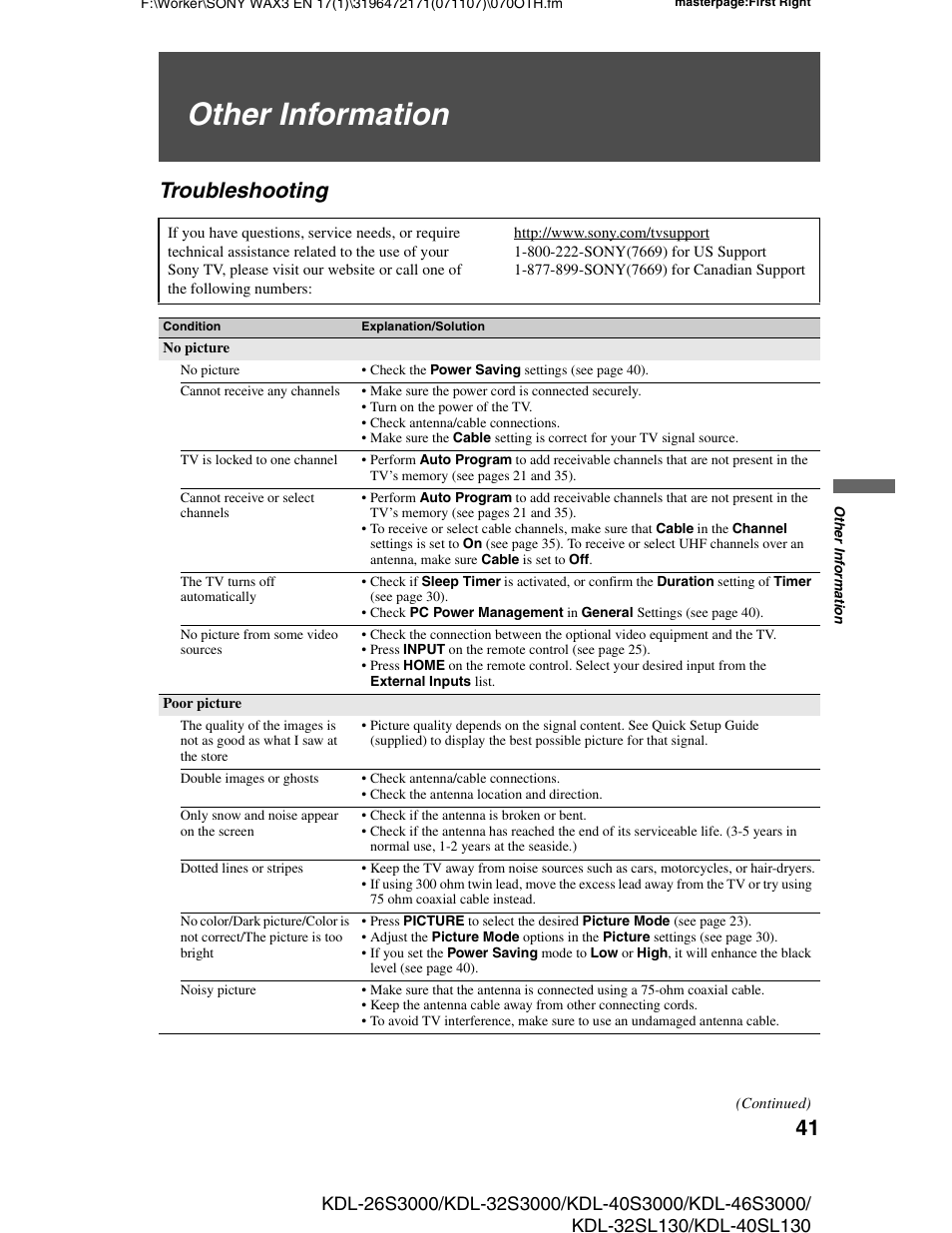 Other information, Troubleshooting | Sony KDL-40SL130 User Manual | Page 41 / 48