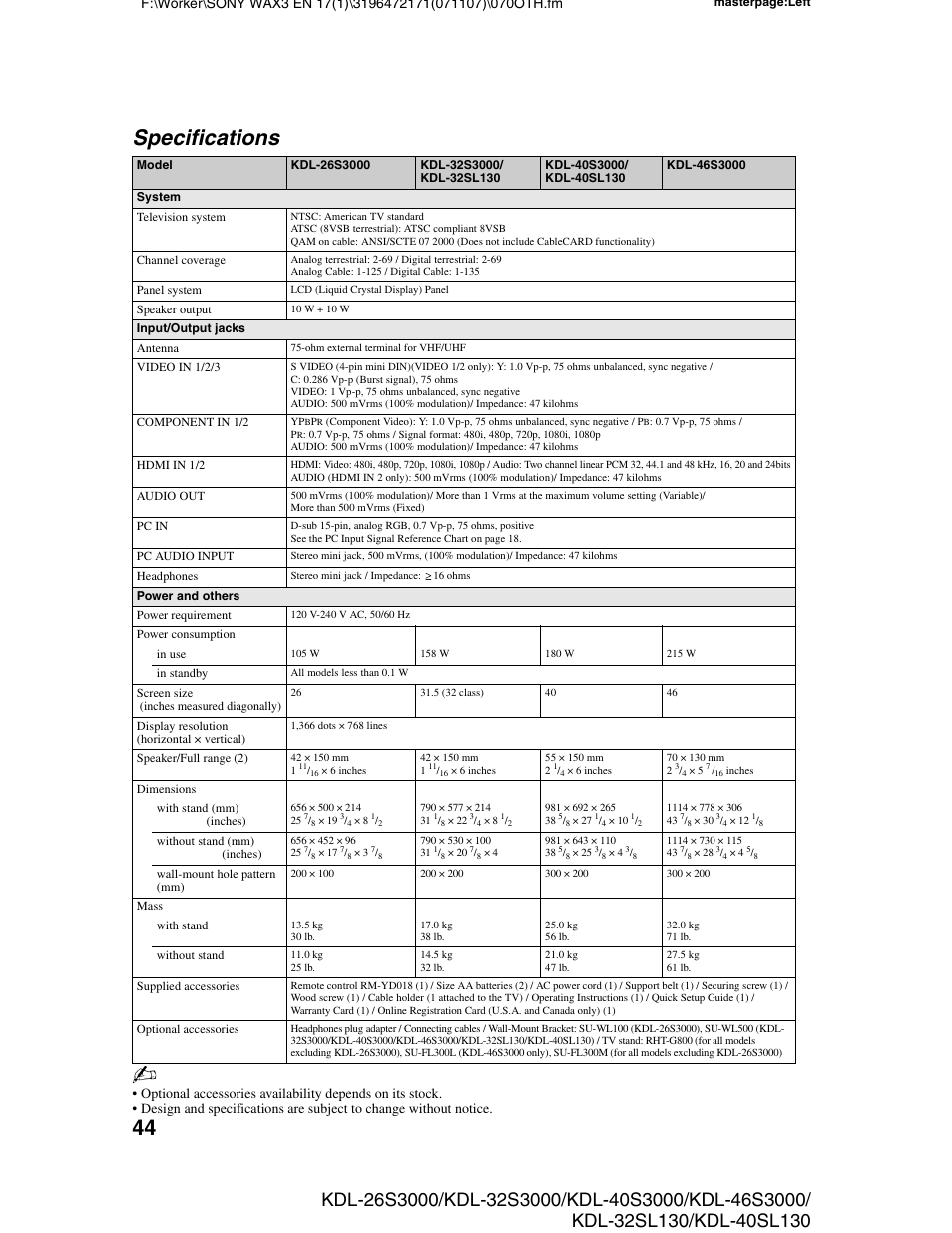 Specifications | Sony KDL-40SL130 User Manual | Page 44 / 48