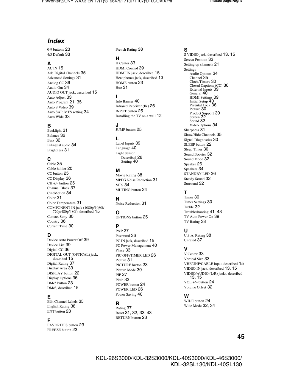 Index | Sony KDL-40SL130 User Manual | Page 45 / 48