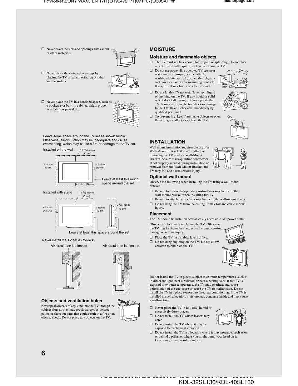 Moisture, Installation, Objects and ventilation holes | Moisture and flammable objects, Optional wall mount, Placement | Sony KDL-40SL130 User Manual | Page 6 / 48