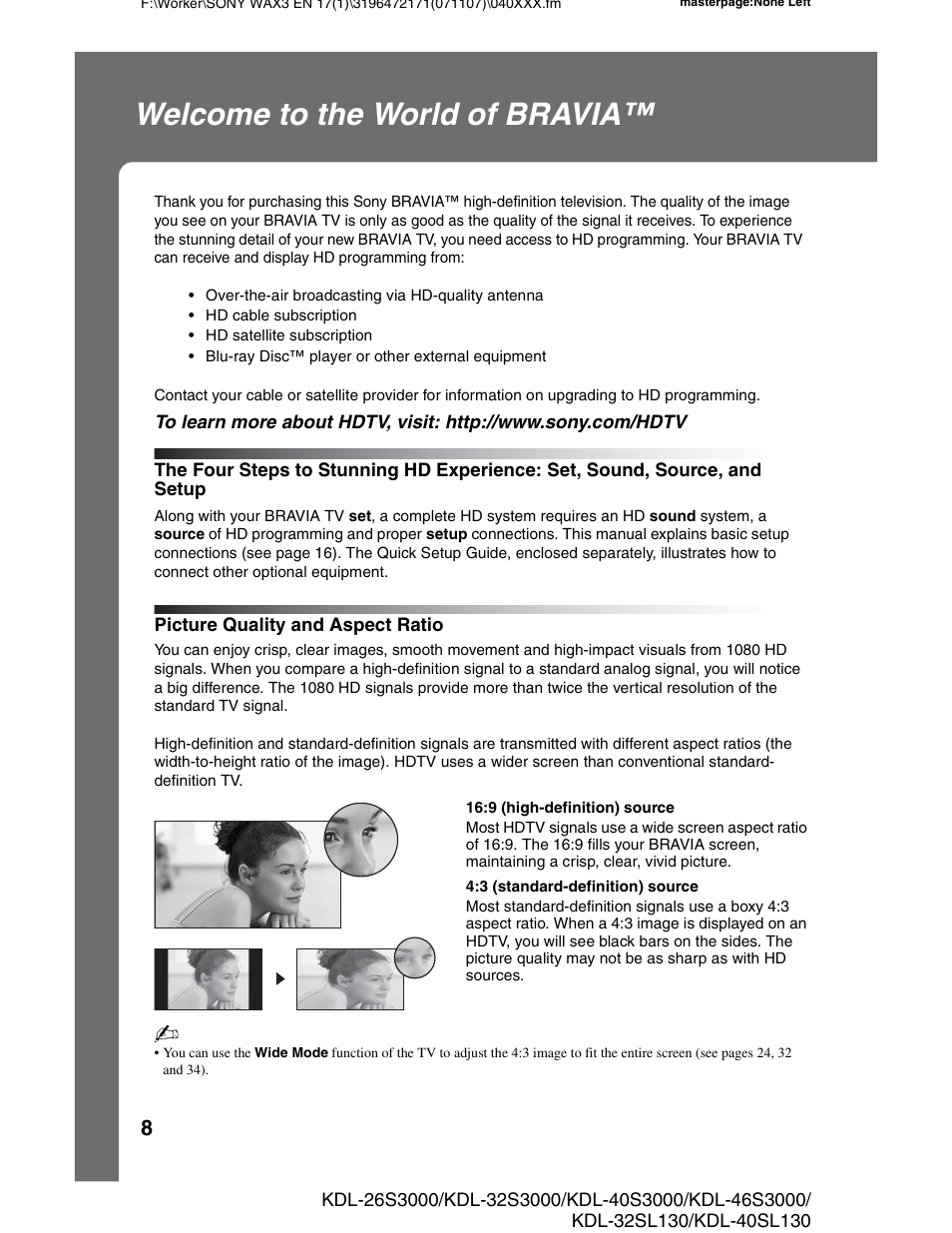 Welcome to the world of bravia, Picture quality and aspect ratio, The four steps to stunning hd experience | Set, sound, source, and setup | Sony KDL-40SL130 User Manual | Page 8 / 48