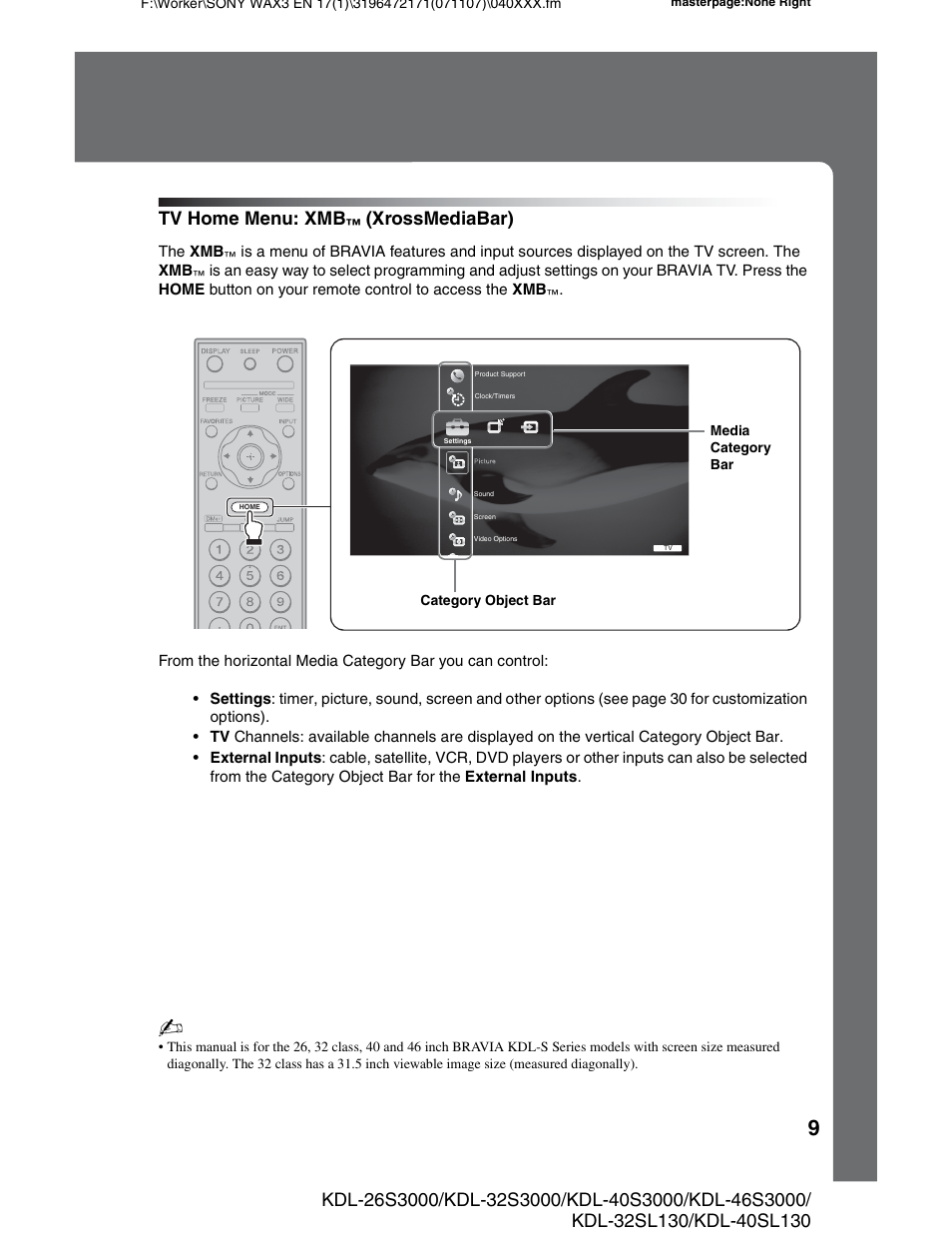 Tv home menu: xmb™ (xrossmediabar), Tv home menu: xmb, Xrossmediabar) | Sony KDL-40SL130 User Manual | Page 9 / 48