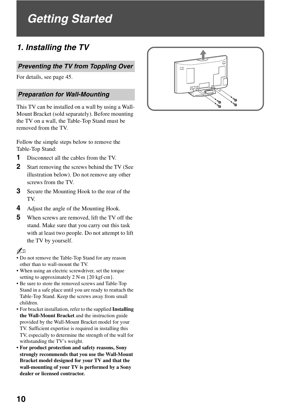 Getting started, Installing the tv, Preventing the tv from toppling over | Preparation for wall-mounting | Sony KDL-40WL135 User Manual | Page 10 / 52