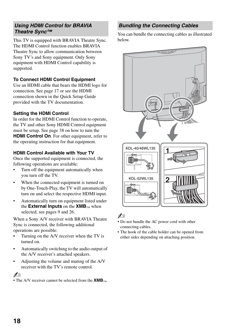 Using hdmi control for bravia theatre sync, Bundling the connecting cables, Using hdmi control for bravia theatre | Sync | Sony KDL-40WL135 User Manual | Page 18 / 52
