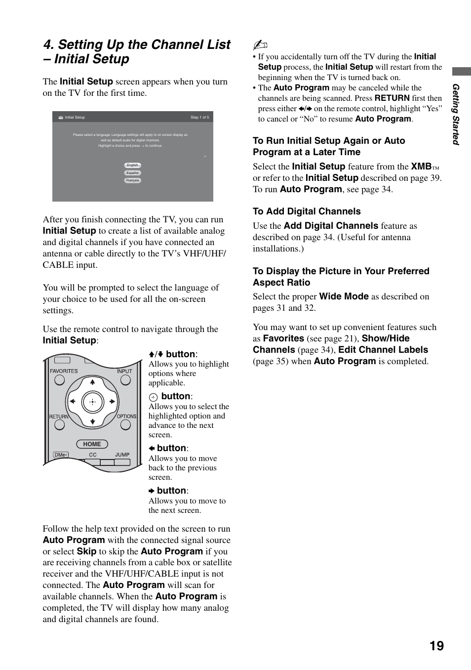 Setting up the channel list - initial setup, Setting up the channel list, Initial setup | Setting up the channel list – initial setup | Sony KDL-40WL135 User Manual | Page 19 / 52