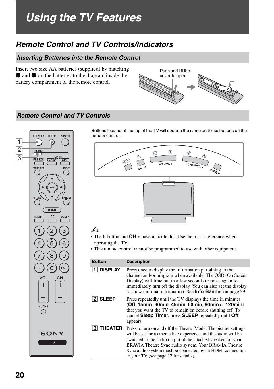 Using the tv features, Remote control and tv controls/indicators, Inserting batteries into the remote control | Remote control and tv controls, Indicators, Inserting batteries into the remote, Control | Sony KDL-40WL135 User Manual | Page 20 / 52