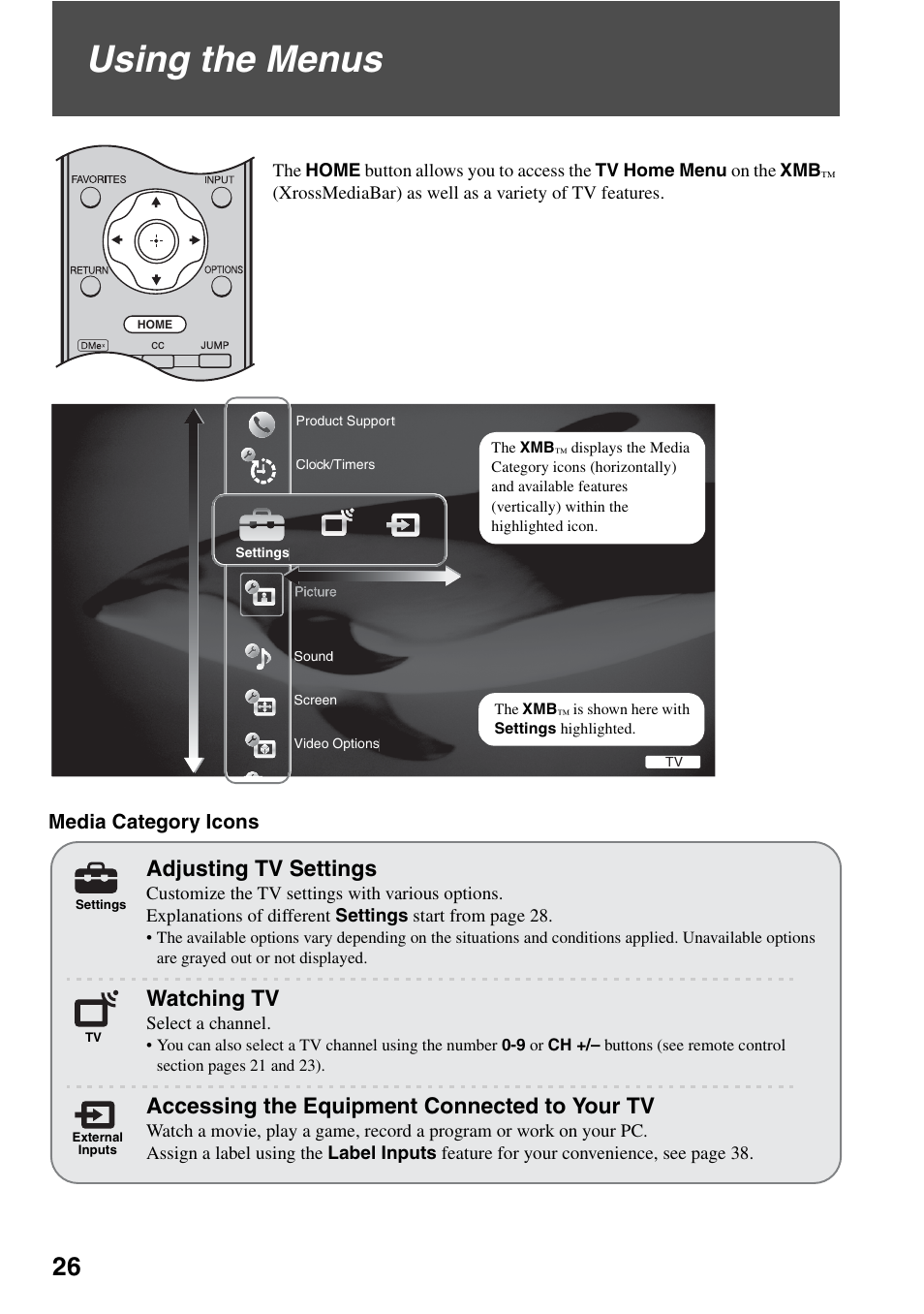 Using the menus, Adjusting tv settings, Watching tv | Accessing the equipment connected to, Your tv, Accessing the equipment connected to your tv | Sony KDL-40WL135 User Manual | Page 26 / 52