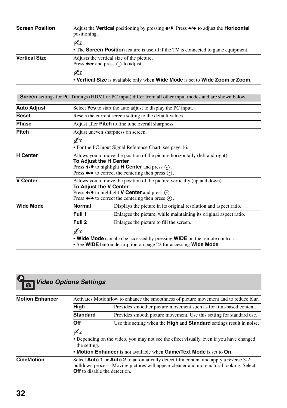 Video options settings, Nd 32 | Sony KDL-40WL135 User Manual | Page 32 / 52