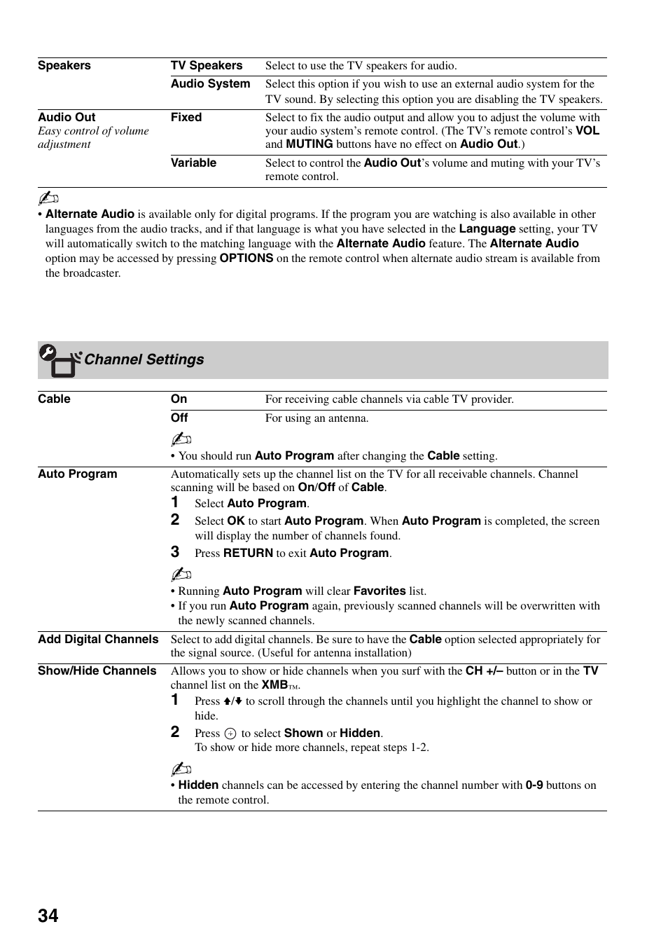 Channel settings, 34 f | Sony KDL-40WL135 User Manual | Page 34 / 52