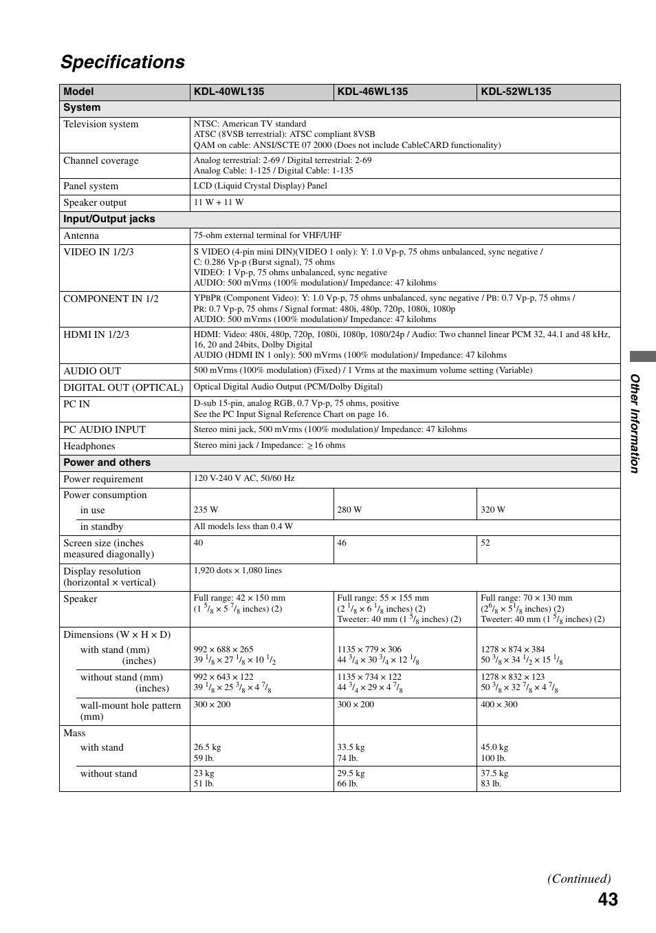 Specifications, Continued), Oth e r info rm a tio n | Sony KDL-40WL135 User Manual | Page 43 / 52