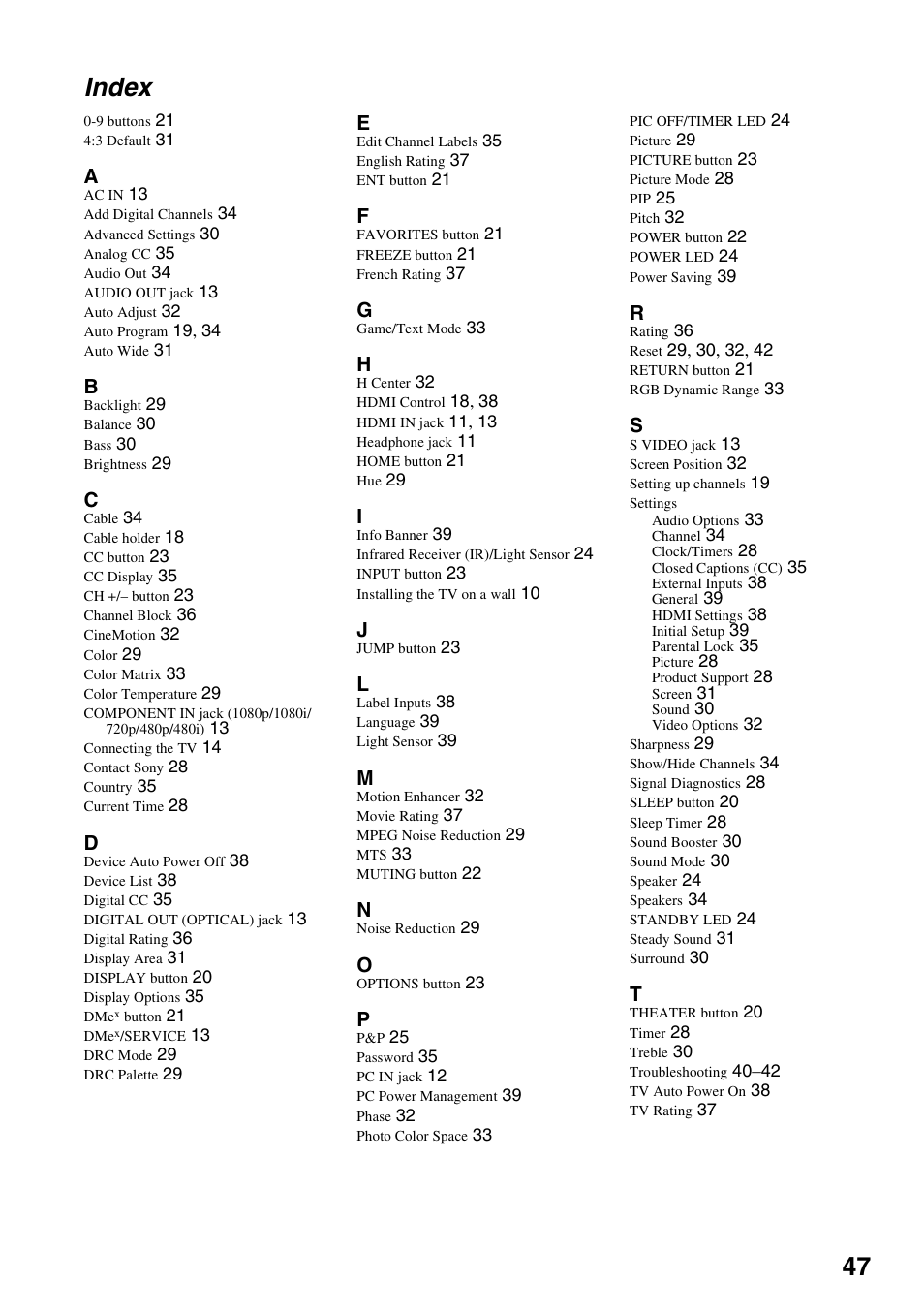 Index, 47 index | Sony KDL-40WL135 User Manual | Page 47 / 52