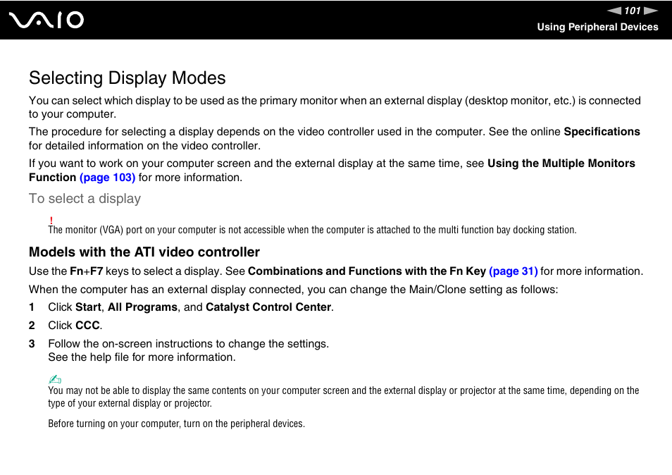 Selecting display modes | Sony VGN-BX740 User Manual | Page 101 / 231