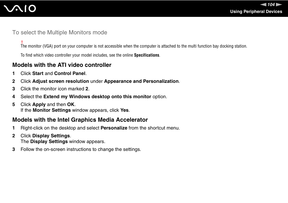 Models with the ati video controller, Models with the intel graphics media accelerator | Sony VGN-BX740 User Manual | Page 104 / 231