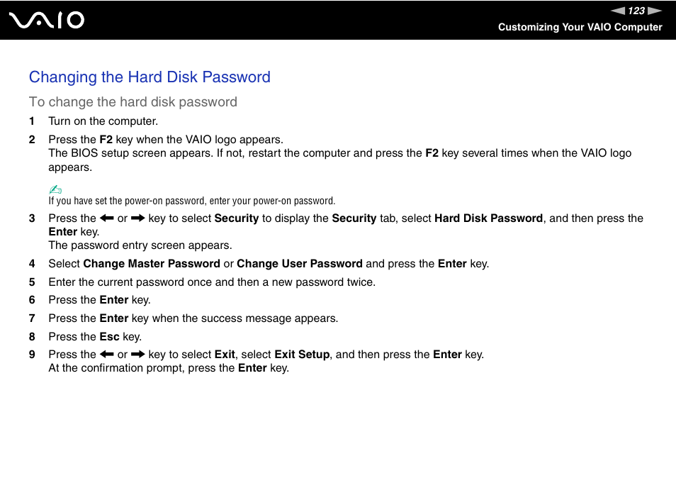 Changing the hard disk password | Sony VGN-BX740 User Manual | Page 123 / 231