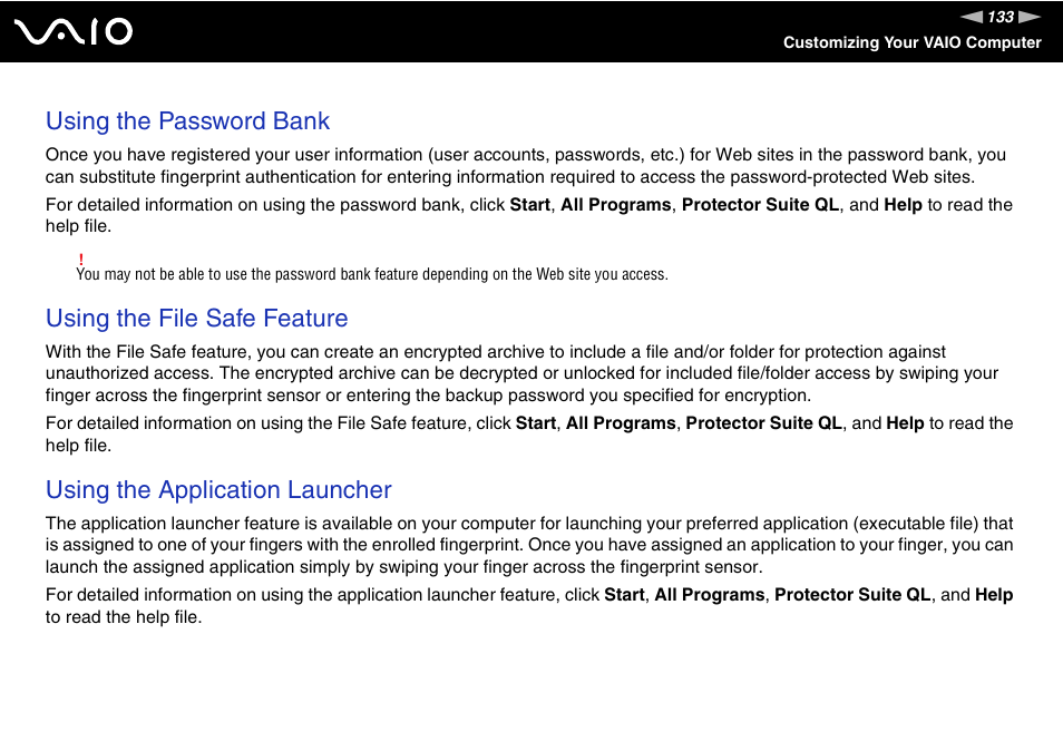 Using the password bank, Using the file safe feature, Using the application launcher | Sony VGN-BX740 User Manual | Page 133 / 231