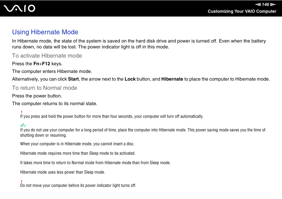 Using hibernate mode | Sony VGN-BX740 User Manual | Page 146 / 231