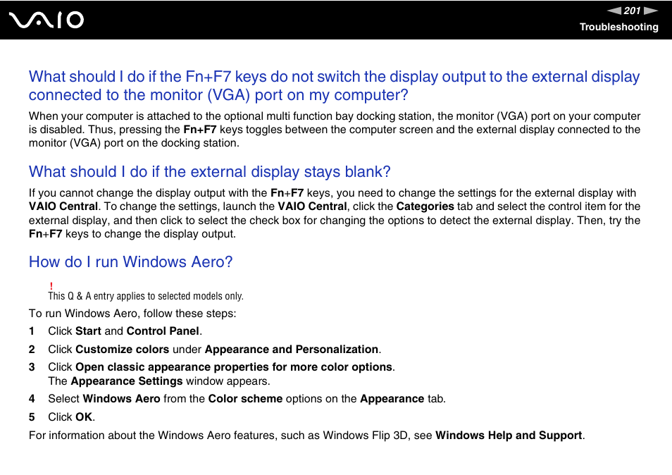 How do i run windows aero | Sony VGN-BX740 User Manual | Page 201 / 231
