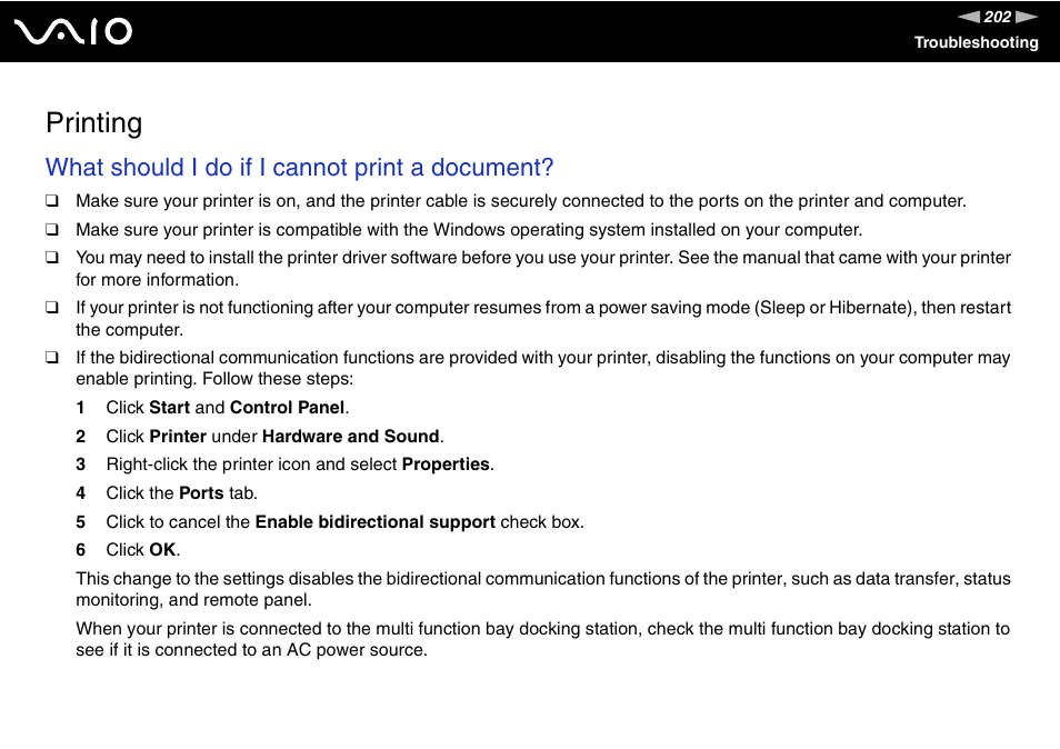 Printing, Inting, What should i do if i cannot print a document | Sony VGN-BX740 User Manual | Page 202 / 231