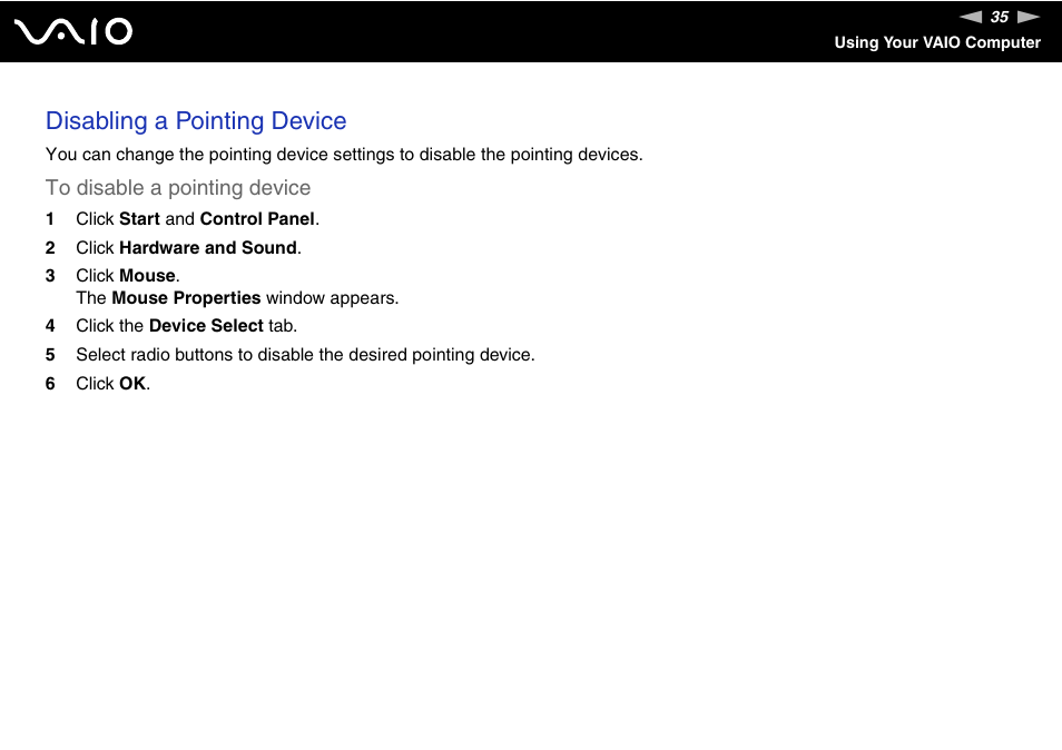 Disabling a pointing device | Sony VGN-BX740 User Manual | Page 35 / 231