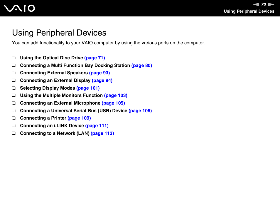 Using peripheral devices | Sony VGN-BX740 User Manual | Page 70 / 231