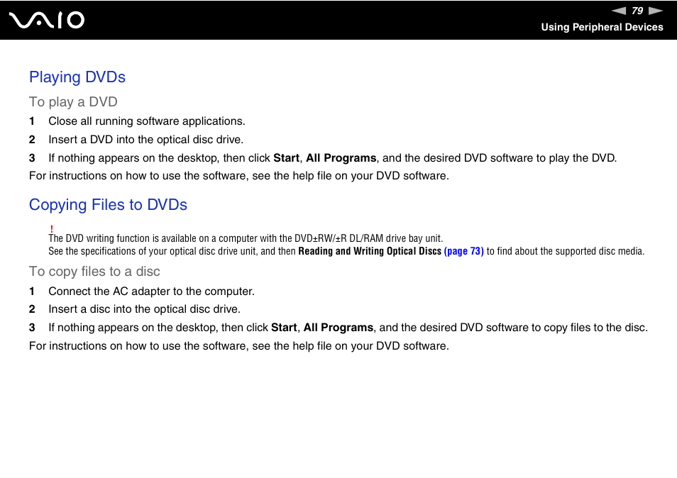 Playing dvds, Copying files to dvds | Sony VGN-BX740 User Manual | Page 79 / 231