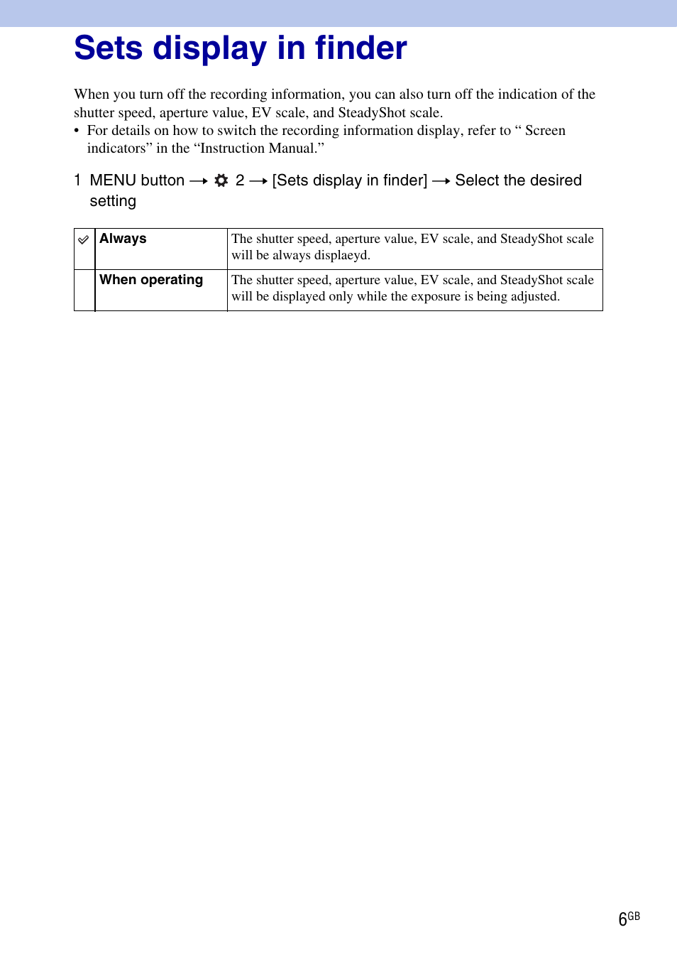 Sets display in finder | Sony SLT-A33L User Manual | Page 6 / 7