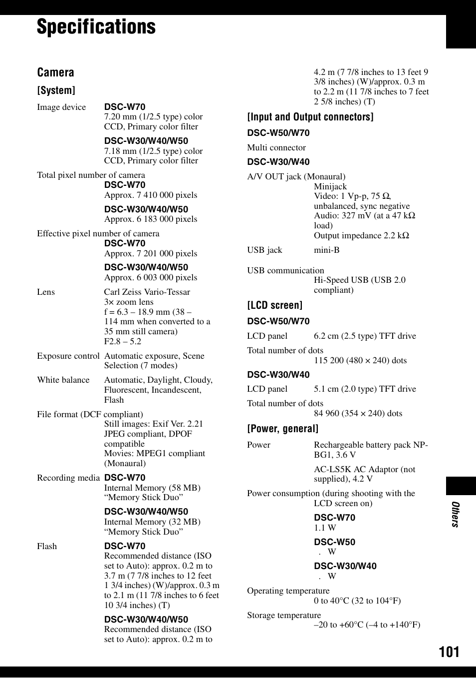 Specifications, Camera | Sony DSC-W30 User Manual | Page 101 / 107