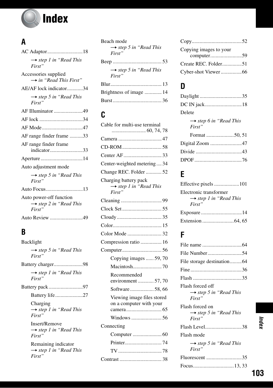 Index | Sony DSC-W30 User Manual | Page 103 / 107